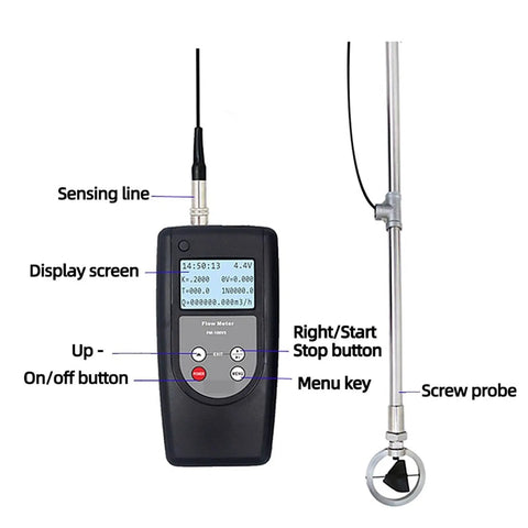 FM-100V5 Portable Flow Meter for Open Channel Water 0.01 to 5.00 Meters Per Second showing display, buttons, and probe.