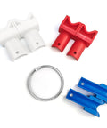Heavy Duty Conduit Wire Pulling Tool Set With 1/2, 3/4, And 1 Inch Cable Guides in red, white, blue plastic with metal ring.