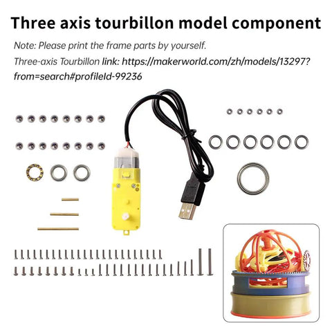 Three Axis Tourbillon Model Parts Kit For 3D Printers Pro Grade Gear with screws, bearings, and motor components.