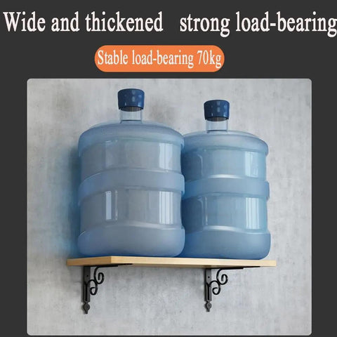 Heavy Duty Corner Brackets Four Pack L Shape Shelf Supports Rust Proof Iron Angle Braces For Secure Wall Mounting on a shelf with water bottles.