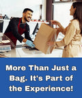 Shopper receiving DIY Grocery Paper Bags 200 Pack 14x10x15.75 Inch Kraft Color With Handles 110 GSM at checkout