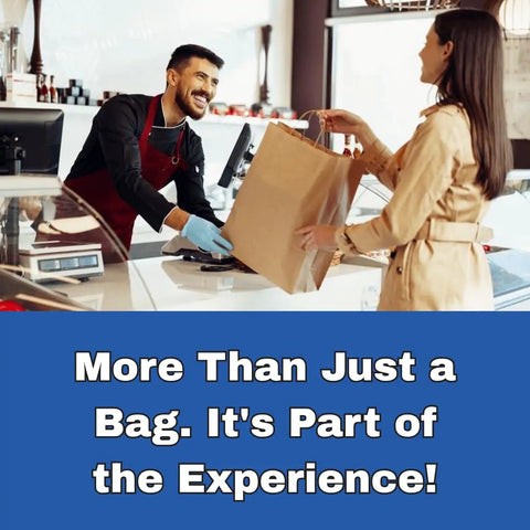 Shopper receiving DIY Grocery Paper Bags 200 Pack 14x10x15.75 Inch Kraft Color With Handles 110 GSM at checkout