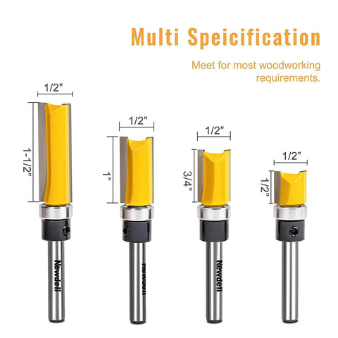 Pattern flush-trim router bit set by Amazon with bearing; four yellow carbide cutters on metal shanks