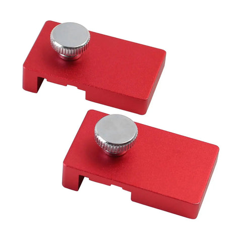 Two Pack Aluminum Guide Rail Limit Stops for Track Saws, Pro Grade, Compatible With Festool, Makita, Milwaukee, Kreg, And Most Rails, Quick-Adjust Rail Stopper For Precise, Repeatable Cuts And Safer, Cleaner Tooling. Displayed, red anodized aluminum stoppers with silver knobs.