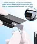 Close-up of 18 Pcs Silver Metal Picture Frame Hardware Kit L Shaped Angle Brackets being installed on a frame