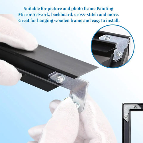Close-up of 18 Pcs Silver Metal Picture Frame Hardware Kit L Shaped Angle Brackets being installed on a frame