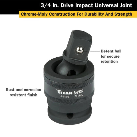 Beefy Three Quarter Inch Drive Impact Universal Joint Socket Built For Tough Jobs With Chrome Moly Alloy Flexible Joint Laser Etched Size And Taiwan Made Durability For Pro Mechanics, showing detent ball and rust-resistant finish.