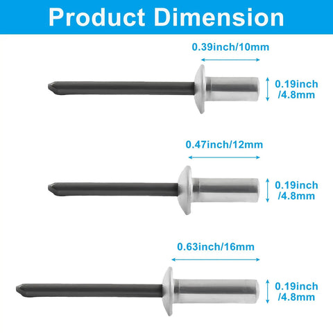 Product dimensions of Aluminum Pop Rivet Kit 120Pcs With Steel Mandrel Dome Head Rivets 3/16 Inch Diameter in 10mm, 12mm, 16mm lengths