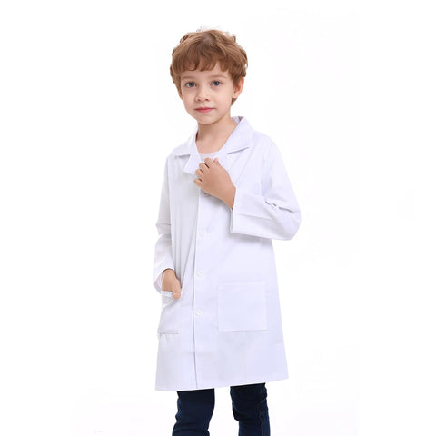 Child wearing Kids Lab Coat For Role Play Science Dress Up White Unisex Size 10 12 Button Front With Front Pockets Machine Washable