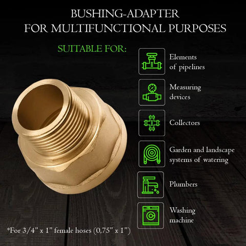 Brass adapter 3/4 to 1 inch NPT for multifunctional use in plumbing and landscape systems.