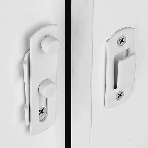 Close-up of 4 Pack Matte White Stainless Steel Barn Door Latches 2.75 Inch By 2.02 Inch Sliding Gate Lock on white door