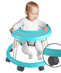 Baby in blue walker with round tray and close-up of caster wheel; unrelated to Two Inch Stem Caster Wheels Set Of Five With Eight Millimeter Or Five Sixteenth Inch Stem Diameter.