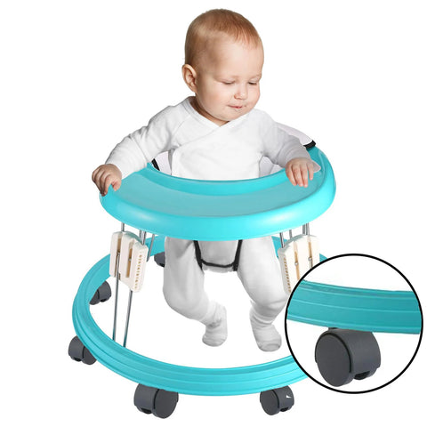 Baby in blue walker with round tray and close-up of caster wheel; unrelated to Two Inch Stem Caster Wheels Set Of Five With Eight Millimeter Or Five Sixteenth Inch Stem Diameter.