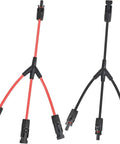 Solar Y Branch Connectors For Parallel Panel Wiring 1500V DC 30A PPO Material 3 To 1 Parallel Adapter For Solar Panels One Pair M FFF F MMM Y Branch Bundle showing black and red cables