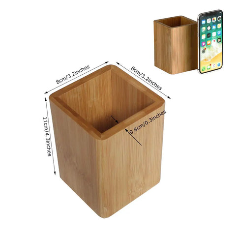 Two Pack Bamboo Pen Holder And Card Stand Set For Home Office And School, Natural Durable Bamboo Desk Organizer dimensions shown