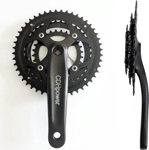 Triple Speed Aluminum Alloy Square Crankset 170mm 104 64 BCD 48 38 28T Chainring Set with Crankarms, top and side view