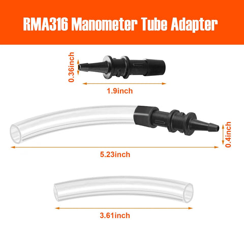 Front view of RMA316 manometer tube adapter set with clear tubing and black 3/16–5/16 in fittings
