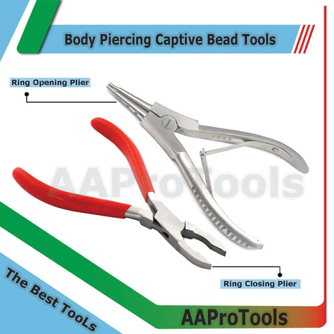 Set Of 2 Ring Opening And Ring Closing Pliers For Body Piercing Captive Bead Tools Stainless Steel With Red Dip Finish