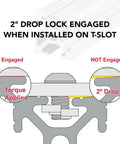 Diagram showing 2° drop lock engaged on One Inch By One Inch T Slot Aluminum Extrusion Rail Bar clear anodized.