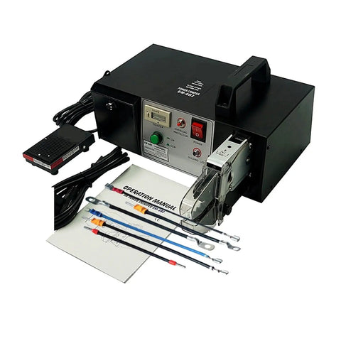 Heavy Duty Electric Terminal Crimping Machine Gets The Job Done Right With Seven Quick Swap Dies And Lightning Fast Motor For Secure Wire Connections On Flag And Insulated Terminals 220V with foot pedal and operation manual.