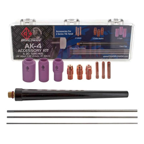 2 Series TIG Torch Consumables Kit For AK 4 Series Includes One Sixteenth Inch Cup, Three Thirty Second Inch Cup, One Eighth Inch Cup, Collets, Collet Bodies, Backcaps, Tungsten For CK20 CK200 CK230 FL230 All In One Pro Grade Accessory Set
