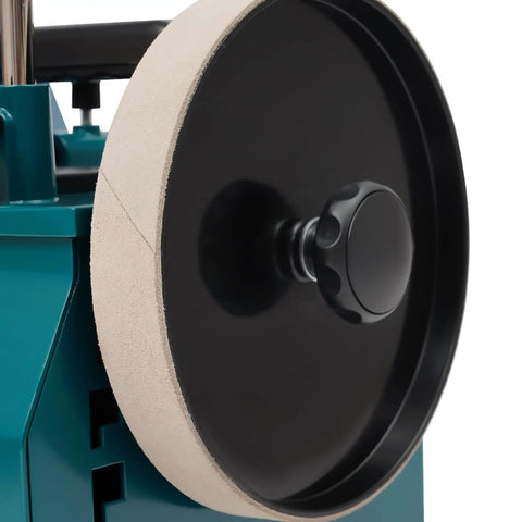 Close-up of 10 inch grinding wheel on the Badass 10 Inch Water Cooled Knife Sharpening Machine 240W Electric Bench Grinder.
