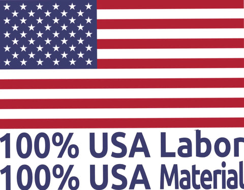 USA flag with text '100% USA Labor 100% USA Material' emphasizing domestic production.