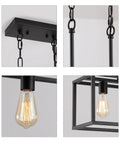 Close-up details of Black Rectangle Kitchen Island Light With Five Linear Pendant Fixtures Modern Industrial Chandelier.