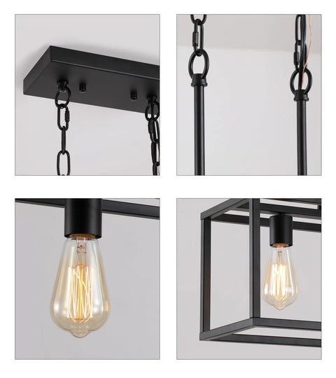 Close-up details of Black Rectangle Kitchen Island Light With Five Linear Pendant Fixtures Modern Industrial Chandelier.