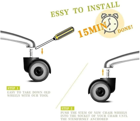 Installation guide for Heavy Duty Silent Rubber Castor Wheels Two Inch Five Piece Set for office chairs, featuring screwdriver use.