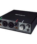 2 In 2 Out USB Audio Interface with low noise preamps, XLR combo jacks, Hi-Z guitar input, MIDI In Out, compact metal build front view
