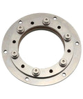 Rotating hinge flange, front view; 304 stainless steel with 50mm bore and mounting holes.