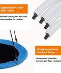 40 Inch Saucer Tree Swing For Kids And Adults, Heavy Duty 700 Lb Capacity Disc Swing With Adjustable Ropes And Hanging Straps, Perfect Backyard Playground Swingset Accessory Blue, highlighting steel tubes and weather-resistant materials.