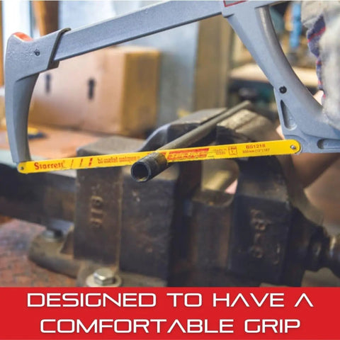 Close-up of Beefy High Tension Hacksaw Frame with Bi-Metal Safe-Flex Blade in vise, showcasing grip and 12-inch blade