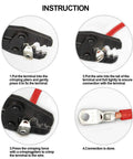 Instruction manual for using 125 Piece Marine Grade Heavy Duty Tinned Copper Wire Lugs Battery Cable Ends Eyelets SC Ring Terminal Connectors Assortment Kit For Auto Electrical Projects And DIY Wiring showing crimping process and connection.
