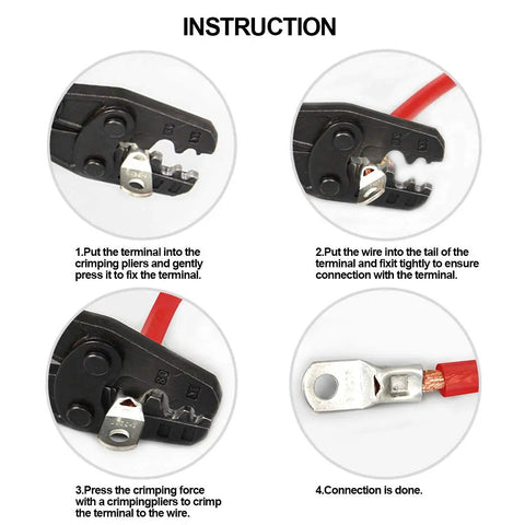 Instruction manual for using 125 Piece Marine Grade Heavy Duty Tinned Copper Wire Lugs Battery Cable Ends Eyelets SC Ring Terminal Connectors Assortment Kit For Auto Electrical Projects And DIY Wiring showing crimping process and connection.