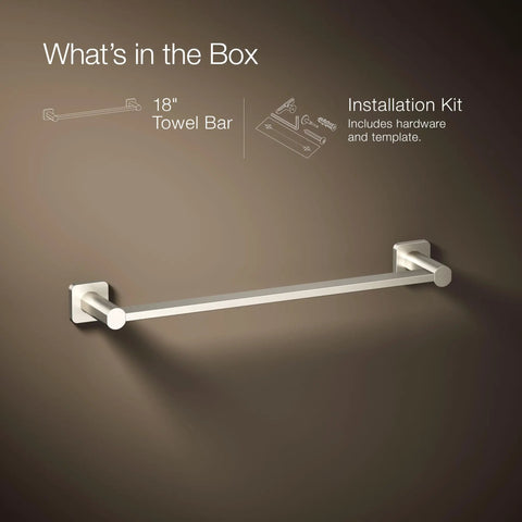 Parallel 18 Inch Towel Bar In Vibrant Brushed Nickel Finish showing installation kit and clean lines