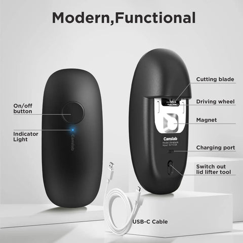 Canslab Ultrablade Pro Electric Can Opener showing features like cutting blade, on/off button, and USB-C cable.