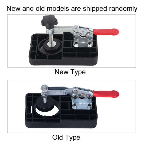 35mm hinge boring jig kit with red clamp on black plastic base; shows new and old type.