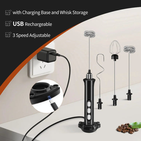 Rechargeable Handheld Milk Frother With 3 Speed Settings And 3 Detachable Stainless Whisks, Includes Charging Base And Whisk Storage