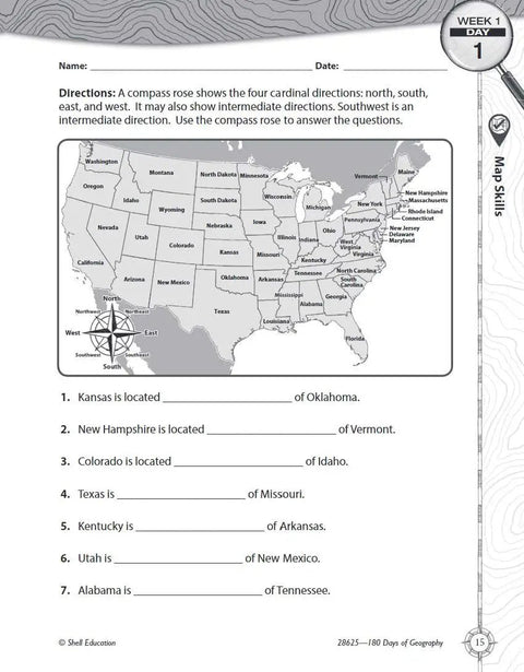Geography For Fourth Grade Daily Hands On Practice Workbook To Build Map Skills, Regions, And Spatial Reasoning worksheet with U.S. map.