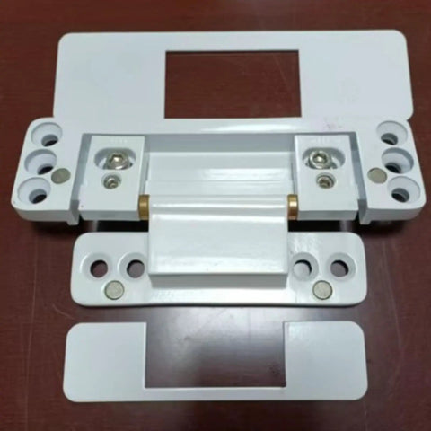 Hidden Door Hinge Invisible Concealed Pivot Adjustable Thickened Hardware, white metal, laid flat, top view
