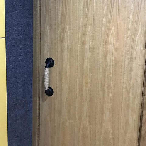 Industrial Style Wrought Iron Cabinet And Barn Door Handles With Hemp Rope Pulls on a wooden door