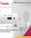 Carbon Monoxide Detector With Ten Year Battery Digital Display Three LEDs Replacement Indicator Peak Level Memory Two Pack For Easy Home Safety No Wiring Needed And It Alerts On Power Outage With An 85 Decibel Alarm, showing front and side view dimensions.