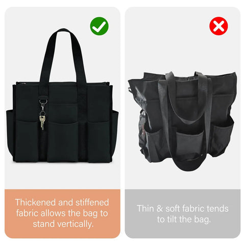 Ultra Large Waterproof Tote Bag For Women With 12 Pockets And Top Zipper Closure comparison of fabric thickness with standing vs tilting