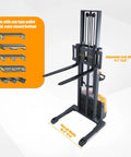 3300 Lb Capacity Electric Walkie Stacker With 130 In Lift Height And Powered Drive For Easy Material Handling, showing adjustable forks.