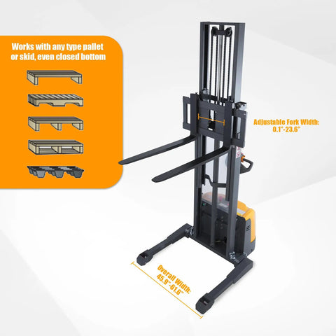 3300 Lb Capacity Electric Walkie Stacker With 130 In Lift Height And Powered Drive For Easy Material Handling, showing adjustable forks.