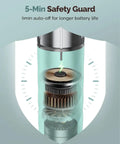 Interior view of rechargeable milk frother handheld wand with 5-min auto-off safety guard feature