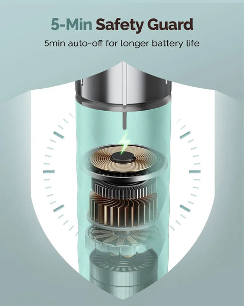 Interior view of rechargeable milk frother handheld wand with 5-min auto-off safety guard feature