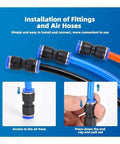 Get The Ultimate Quick Connect Pneumatic Fittings Kit With Push-in Connectors And Straight Fittings In 4mm, 6mm, 8mm, 10mm, And 12mm Sizes Perfect For Industrial Air Hose Projects That Need Reliable Seams Every Single Time. air hose fittings on blue tubing, plastic quick-connect install guide